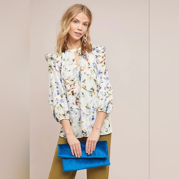 Anthropologie Dolan Left Coast Collection White Blouse with Watercolor Floral M - Picture 1 of 13